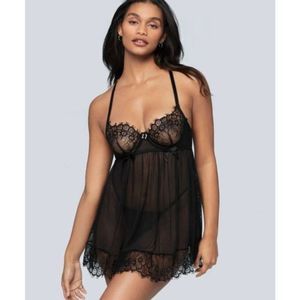 Seven Til Midnight Size S Bed of Roses Black Underwire Babydoll Lace Set Empire
